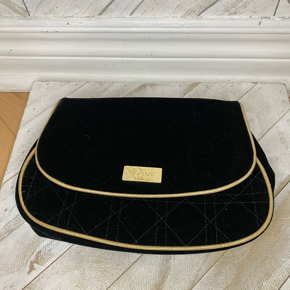 Dior Parfums Black Velvet Clutch with Gold Trim and Plaque